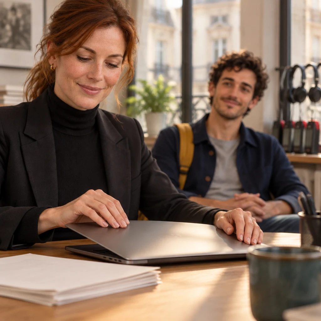 Claire's hands close the laptop on the meeting table beside the gathered stack of pages.