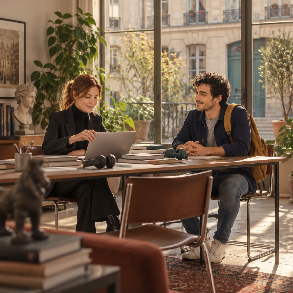 Claire and Sam sit across a desk in a courtyard-window office with a laptop and two pairs of headphones between them.
