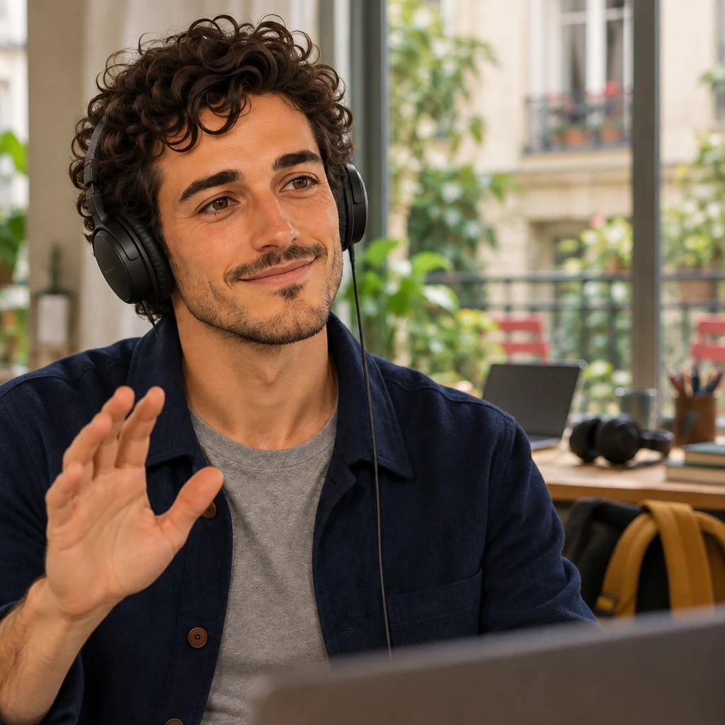 Sam nods with an open approving palm while wearing headphones.