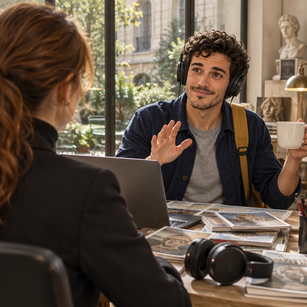 Over Claire’s shoulder, Sam lifts one headphone cup and flattens a hand in a slow-down gesture.