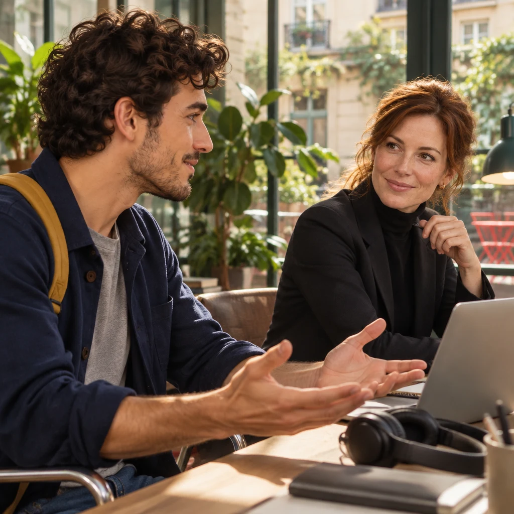 In profile, Sam offers open palms toward Claire, proposing a cut, with the laptop between them.