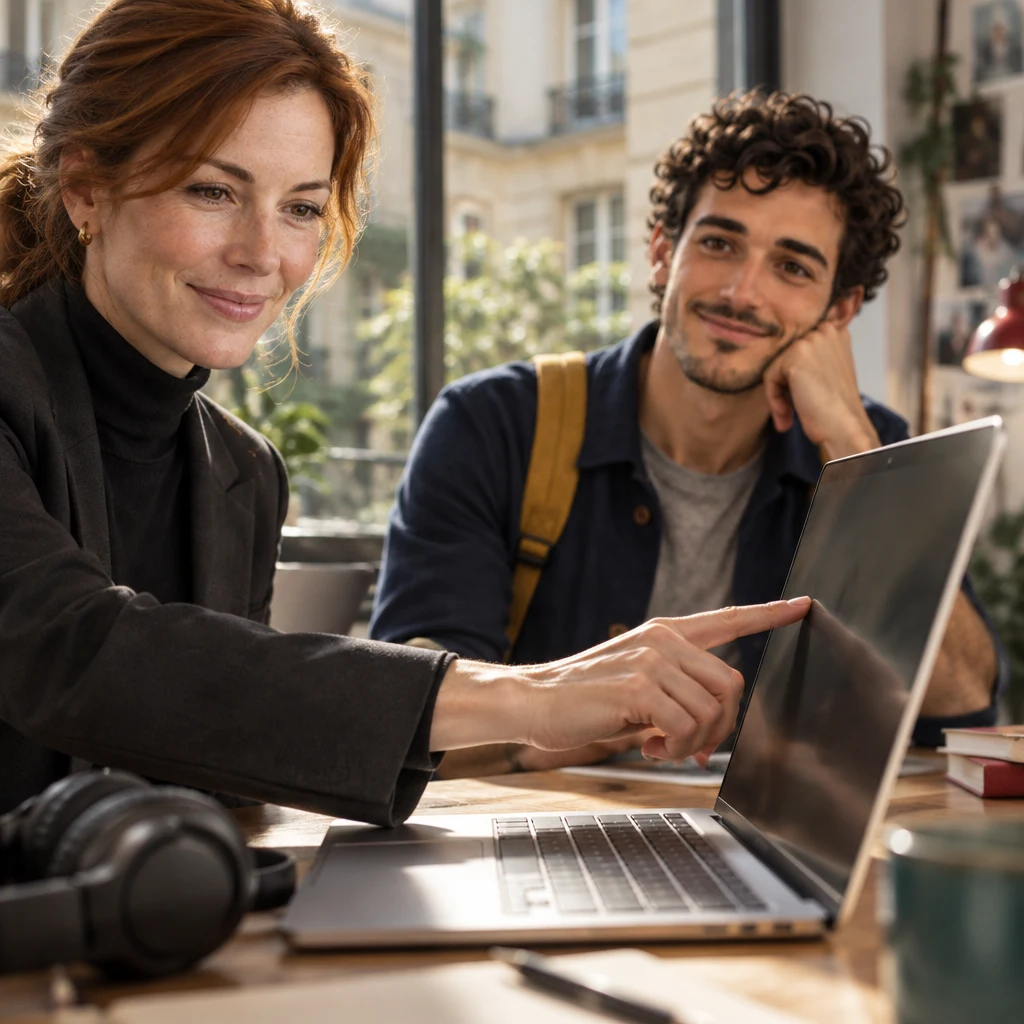 Claire taps the farther half of the laptop while Sam listens across the desk.