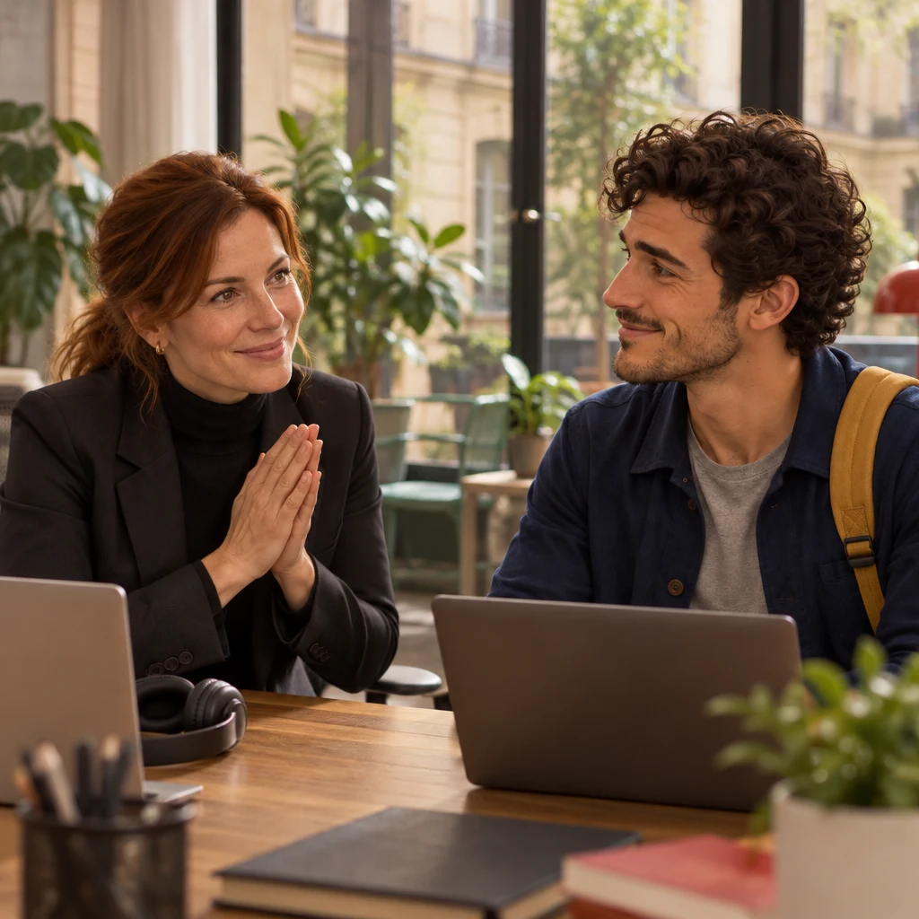 Claire, headphones off, offers a small two-handed grateful gesture toward Sam.