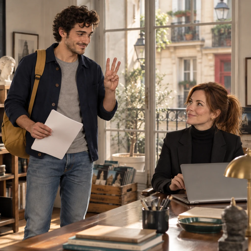 Sam stands in the office holding a blank page and raising three fingers toward Claire.