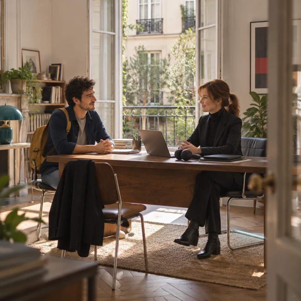 Wide establishing view of a small office in late-morning sun, with Sam and Claire seated across a desk, a laptop and headphones between them, a jacket on a chair, and the courtyard window open.