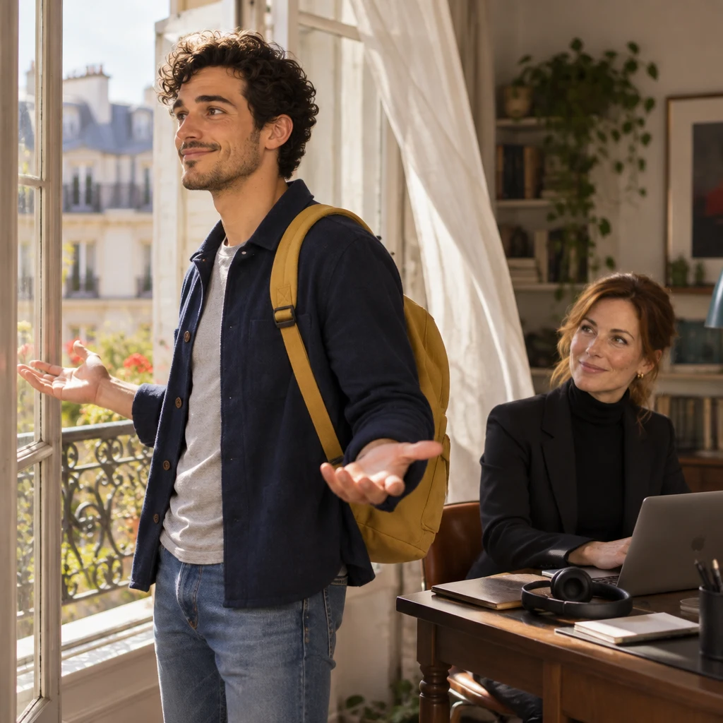 Profile of Sam standing by the open courtyard window with a slight shrug and both palms spread, unworried, while Claire remains at the desk.