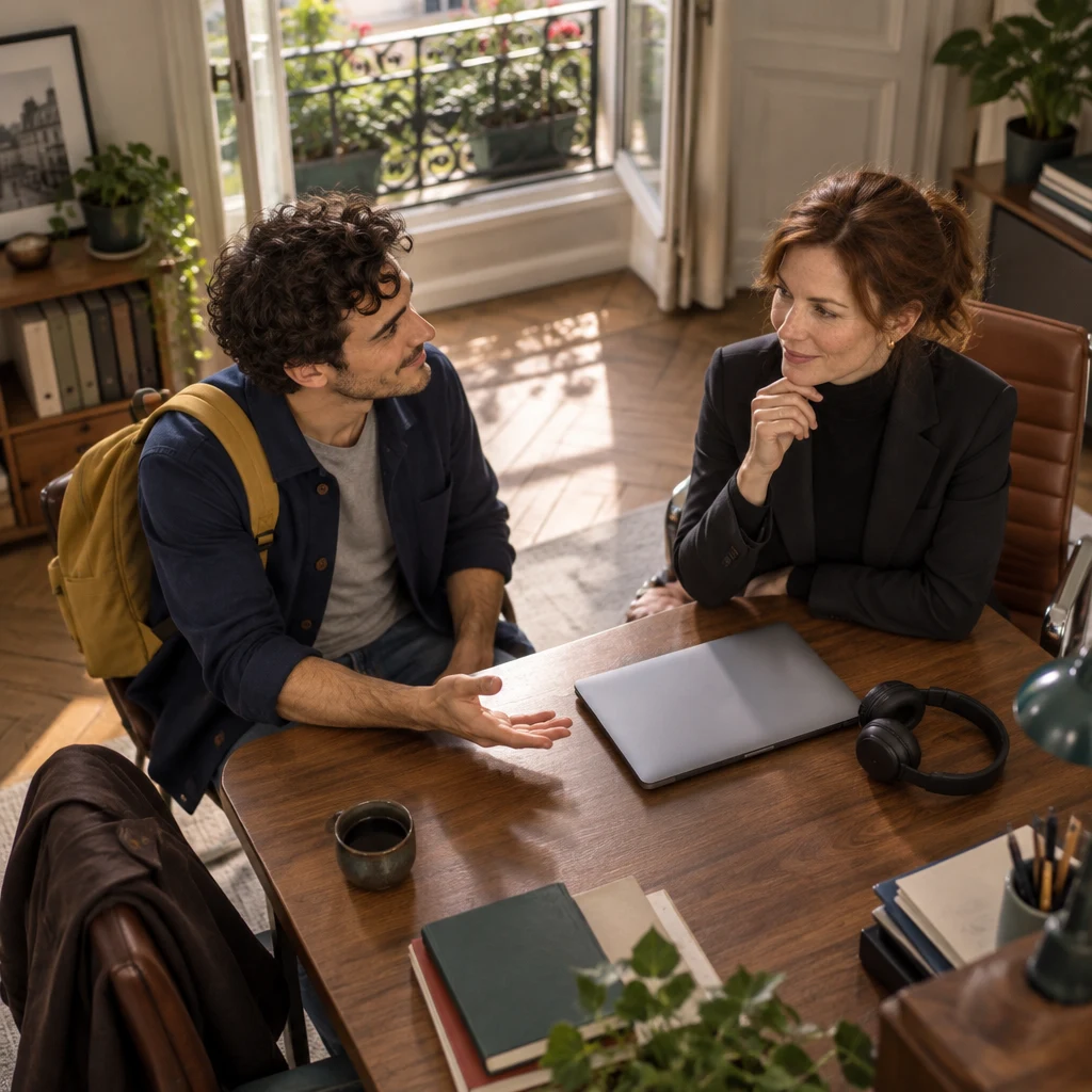 High-angle view of Sam at the desk, one hand extended toward Claire in a quiet question, waiting for a decision.