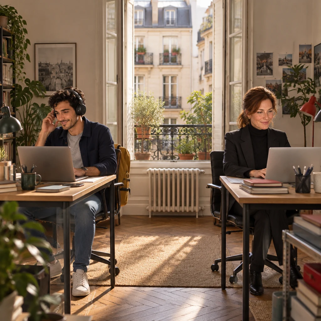 Sam sits up as the call connects while Claire works at the next desk in the small office with the courtyard window open.