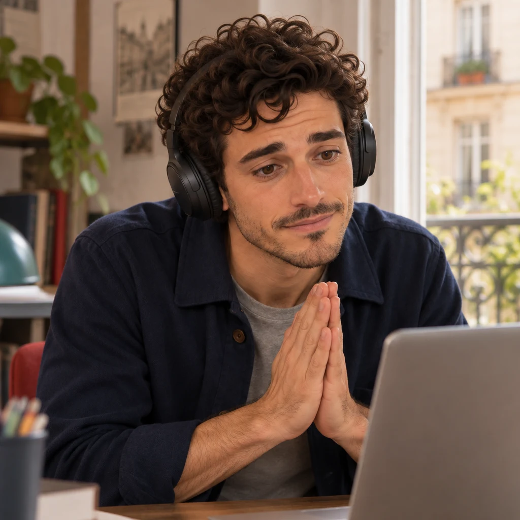 Sam leans toward the laptop with headphones on, posture lowered in a formal apology.