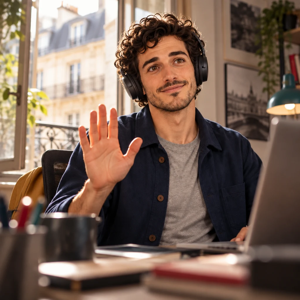 Sam sits upright at the desk and lifts one open palm in a calm promise that it will not happen again.