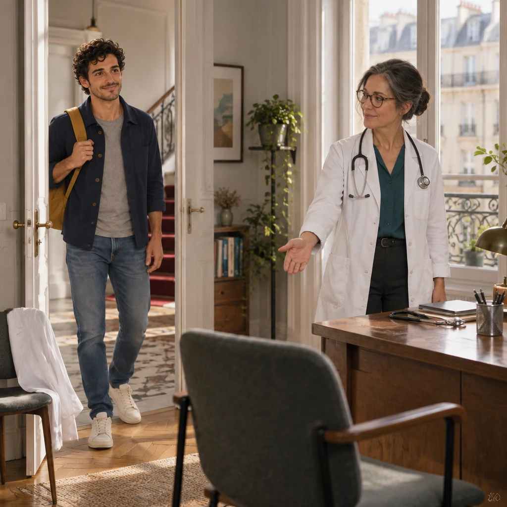 Sam steps through the doorway into the quiet upstairs practice while Dr. Roche waits at the desk and points to the chair.