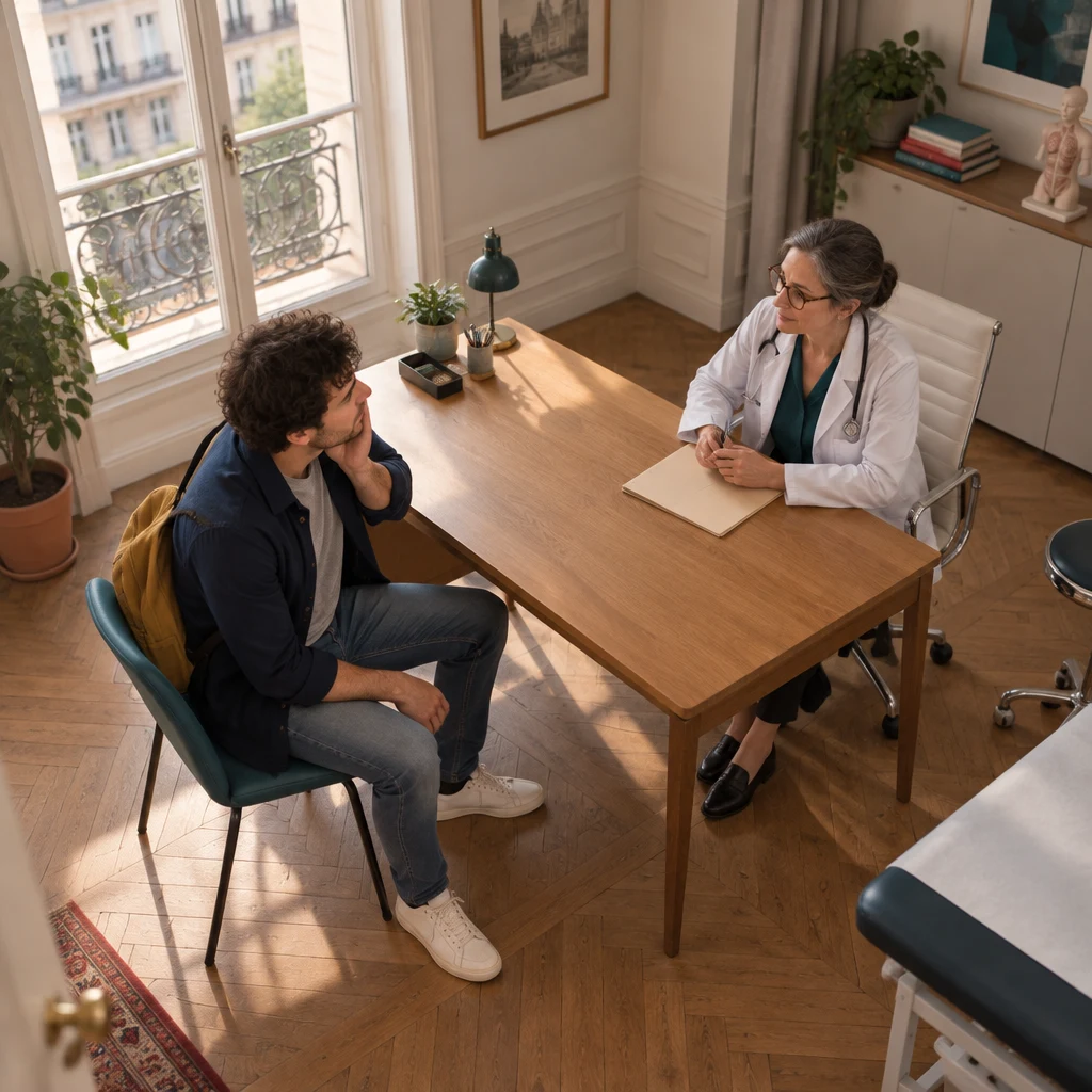 From above, Sam sits in the patient's chair with one palm on one side while Dr. Roche watches from across the desk.