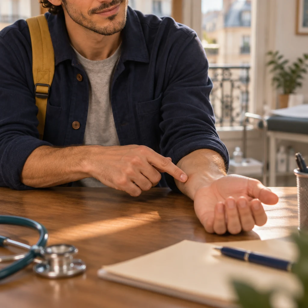 Sam leans over the clinic desk and points at the inside of one wrist.