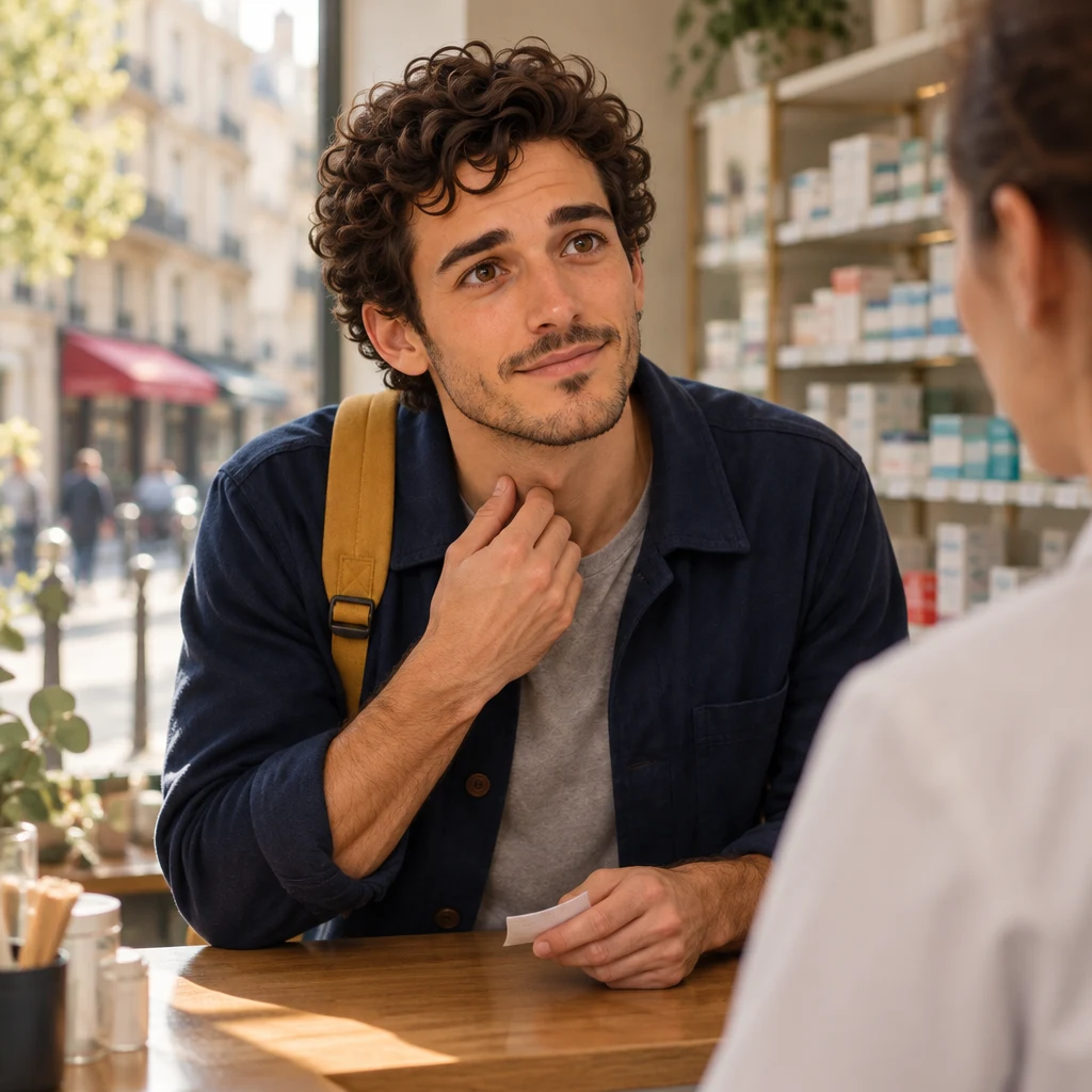 Sam leans in at the counter with one hand near the throat, asking for something for a cold.