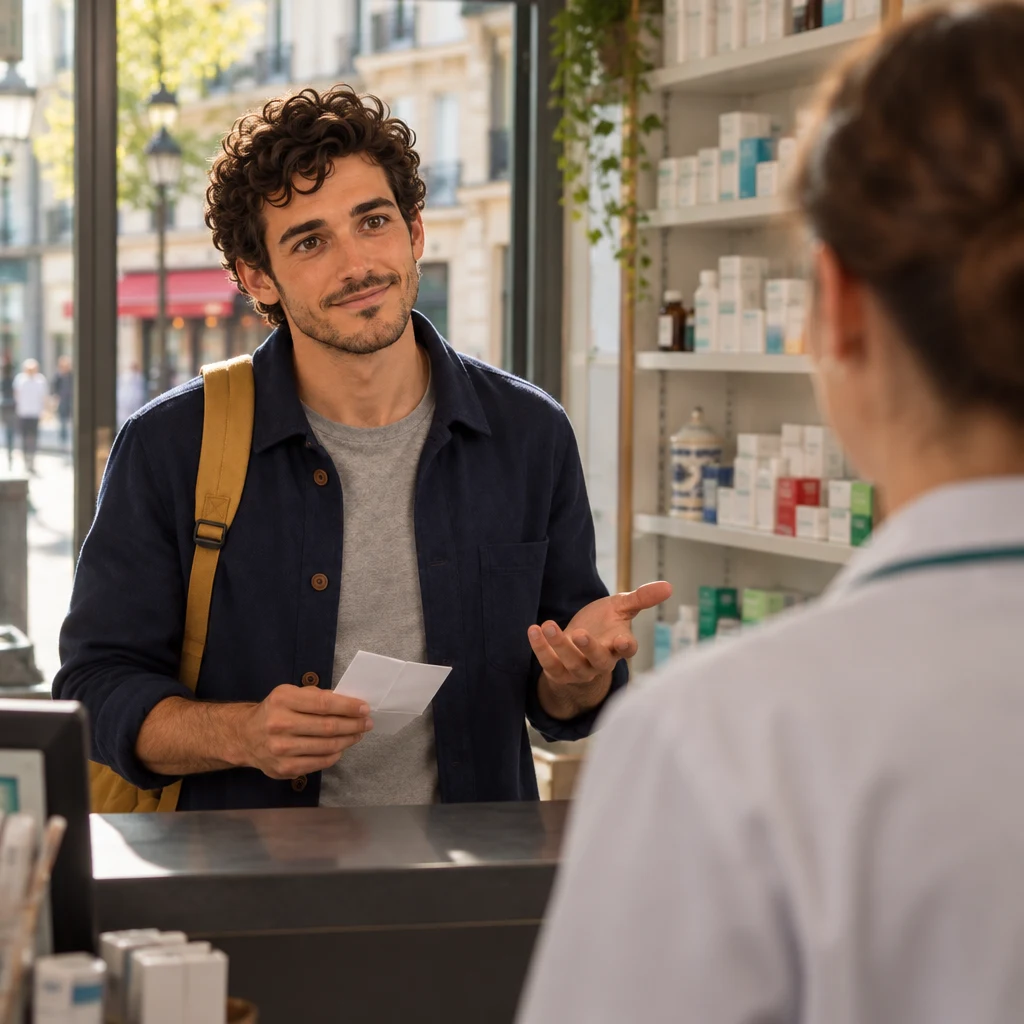 Over the pharmacist’s shoulder, Sam holds a folded note and lifts a questioning hand.