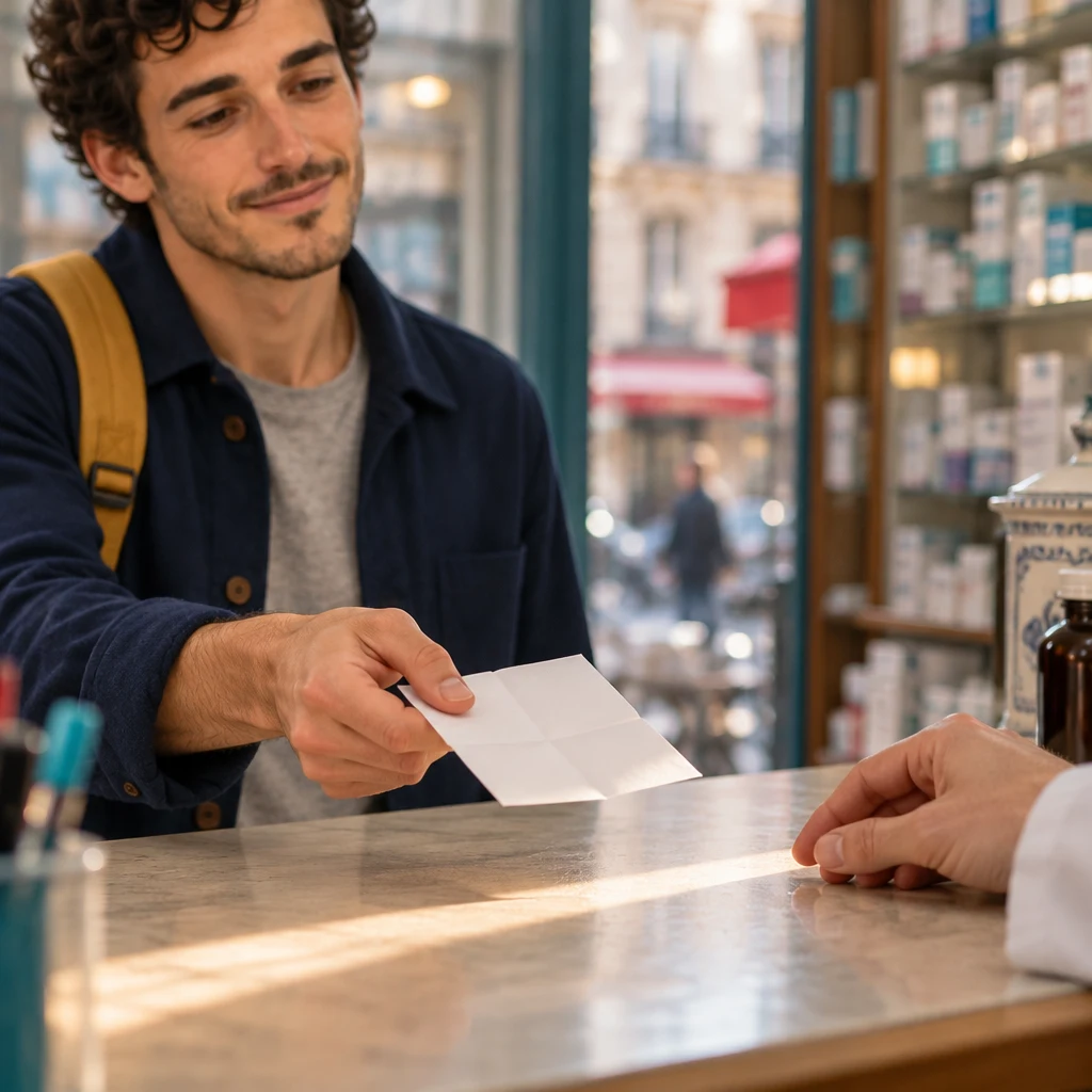 Sam holds a folded note out across the counter as a prescription.