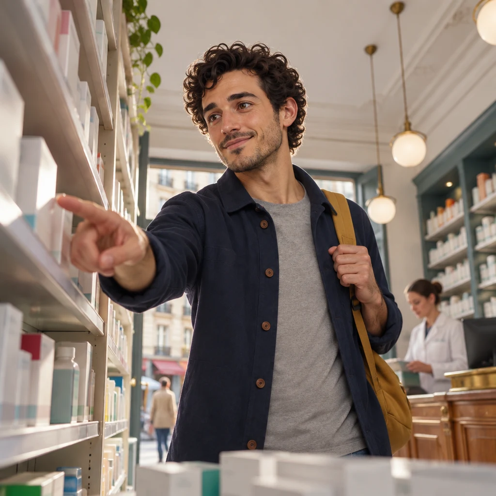 From a low angle beside the shelves, Sam points at a row of unmarked boxes.