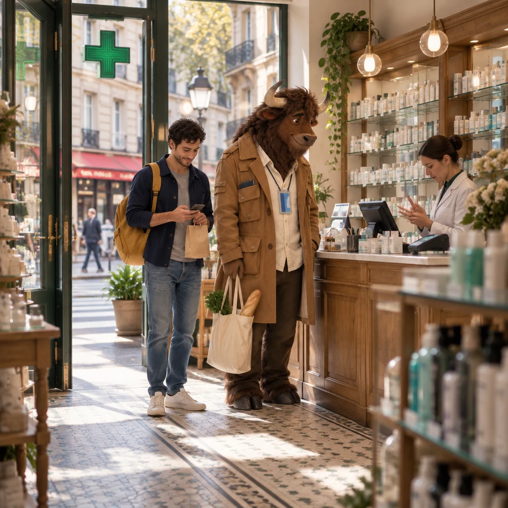 A wide morning view of a small Paris pharmacy with the green cross lit, Sam at the counter with a bag and a phone, Gaspard standing beside him with a tote and a baguette, and a pharmacist counting on fingers.