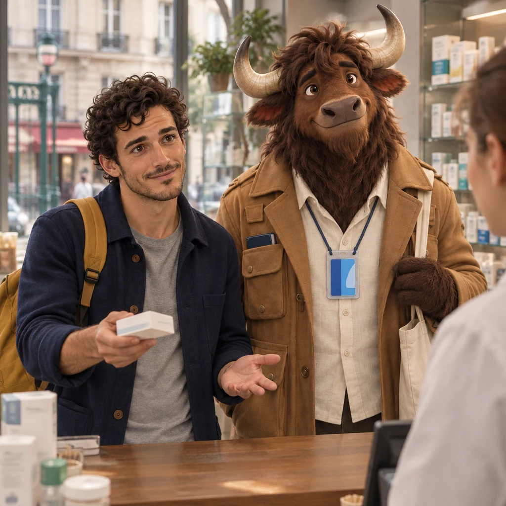 Sam and Gaspard stand at the pharmacy counter while Sam holds an unmarked medicine box toward the pharmacist with a questioning tilt of the head.