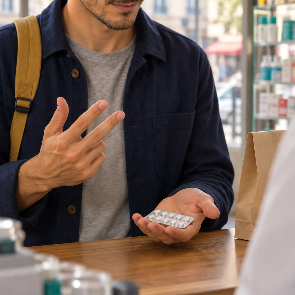 A close view of Sam's palm holding an unmarked blister pack at the pharmacy counter while the other hand counts on fingers.