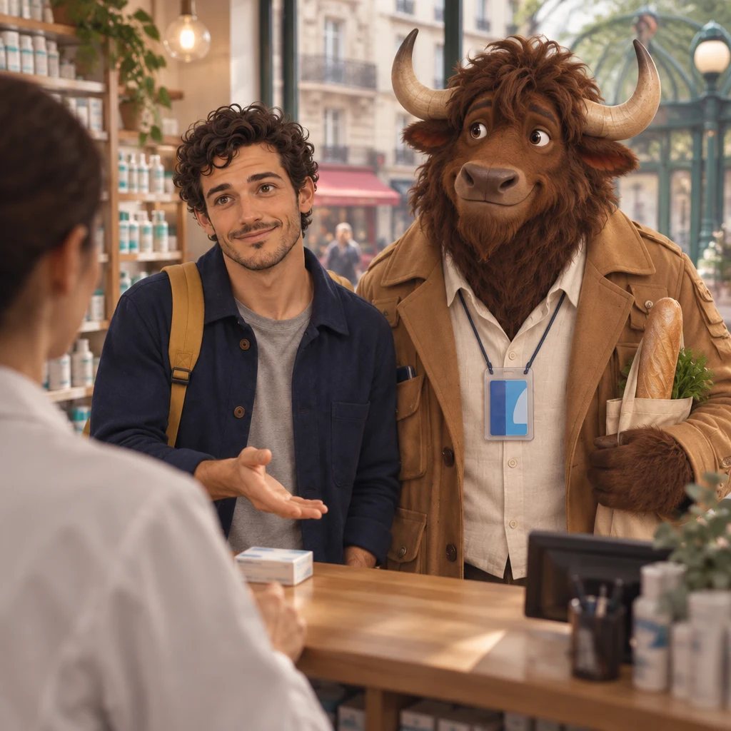 From over the pharmacist's shoulder, Sam gestures toward the middle while Gaspard stands beside Sam with a baguette in the tote.