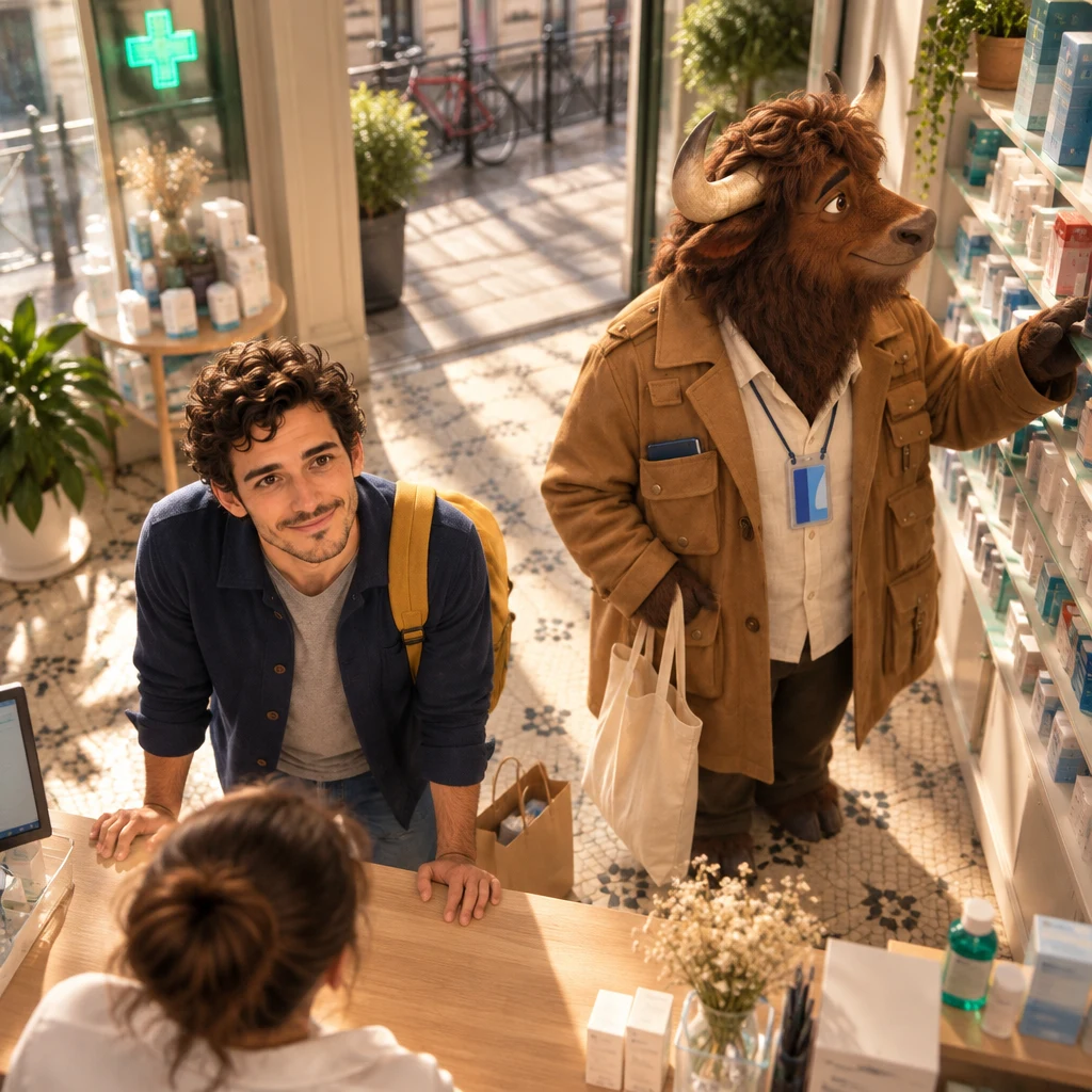 From high above the pharmacy counter, Sam leans both hands on the wood with a bag at the feet while Gaspard turns toward the shelves.