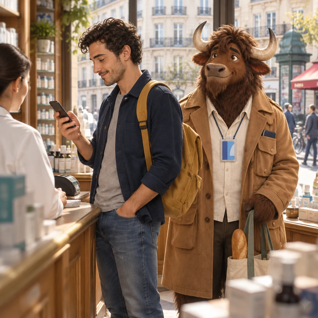 In profile, Sam holds up an unmarked phone and turns from the pharmacist as if checking when the next dose is, with Gaspard waiting a half step back.
