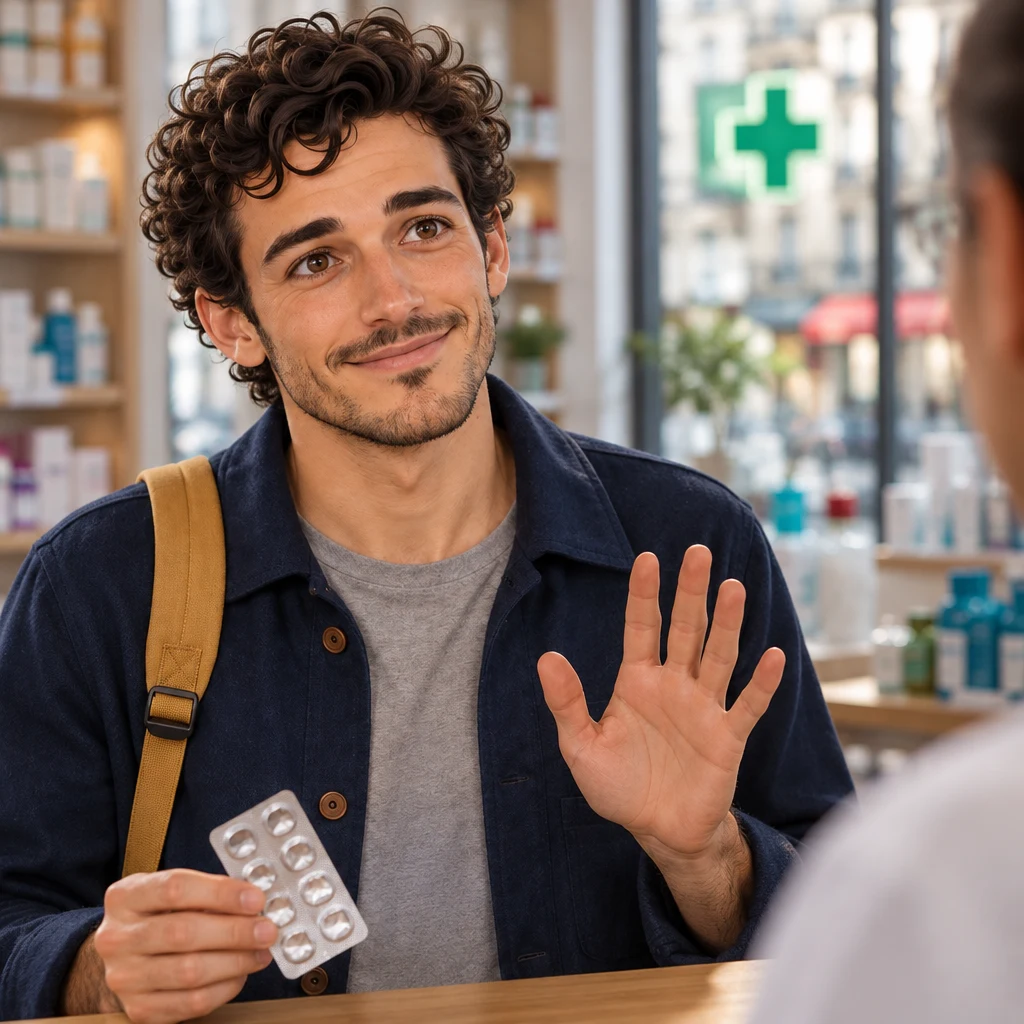 Close on Sam at the counter with an empty blister pack and an apologetic open-palm gesture, looking down then toward the pharmacist.