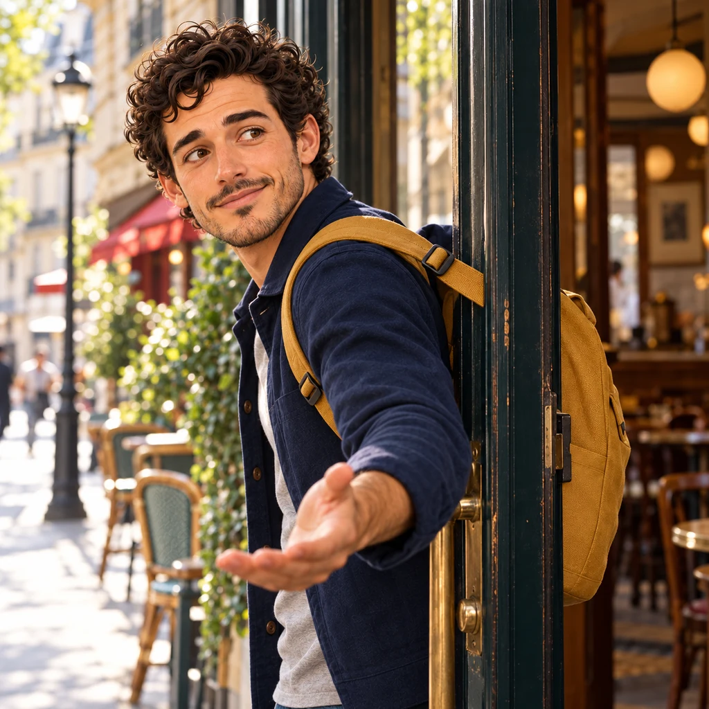 A profile of Sam stuck in the café doorway, one hand reaching toward the pavement while the backpack strap stays taut.