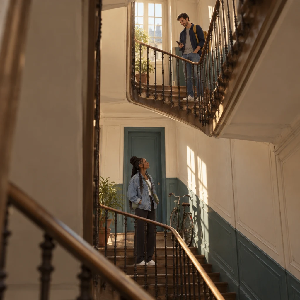 A wide view of the walk-up stairwell with Sam two floors above and Inès on the landing below with a green bag and a bicycle.