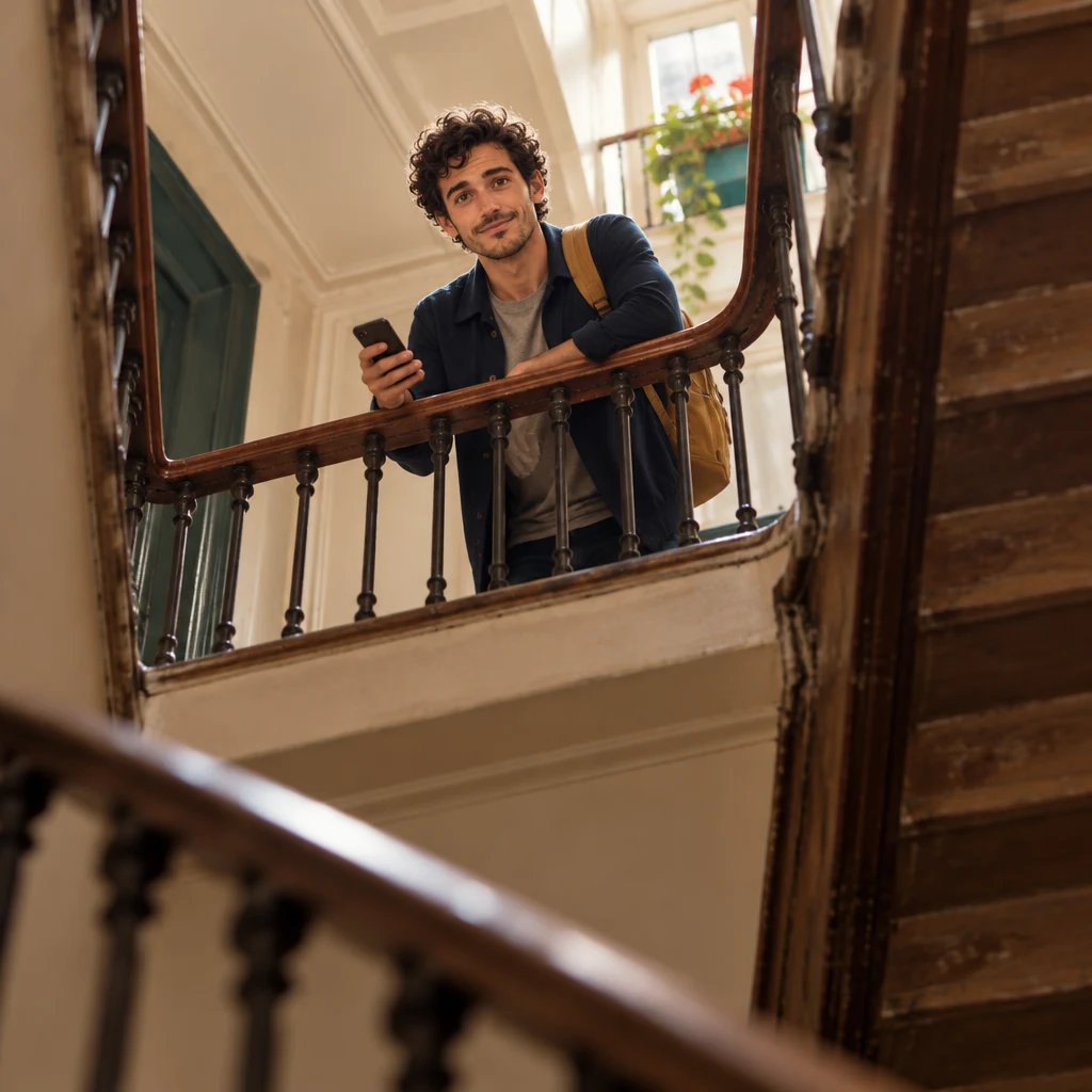 A low-angle view up the stairs of Sam leaning over the banister with a phone, looking down toward the landing.