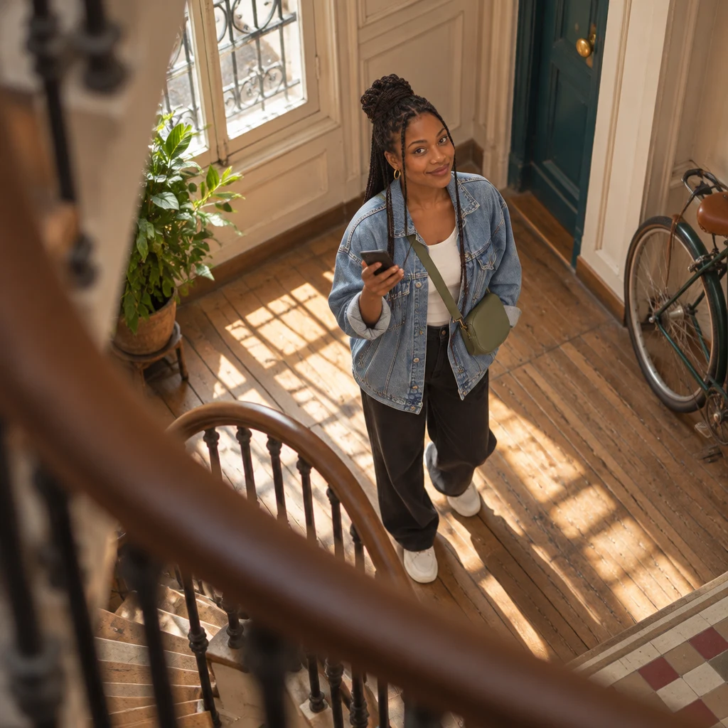 A high-angle view down the stairwell of Inès on the landing looking up, a green bag on one shoulder and a phone raised.