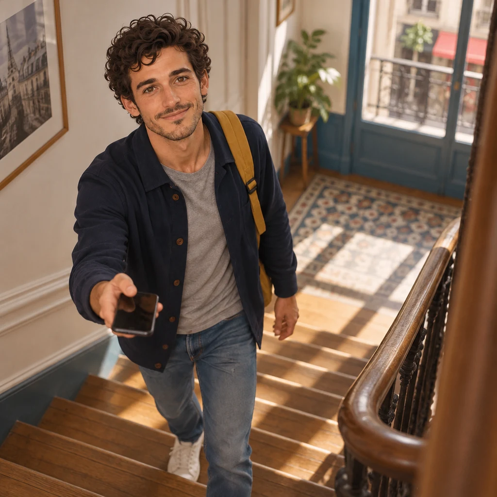 A side view of Sam coming down the wooden stairs, holding a phone out in front.