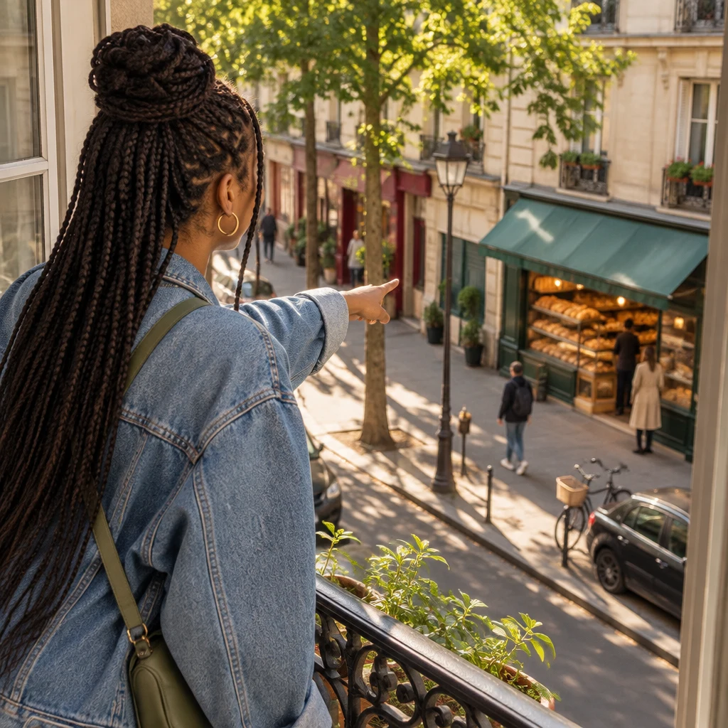 Over Inès's shoulder, Inès leans from the window and points at a bakery a couple of doors down.