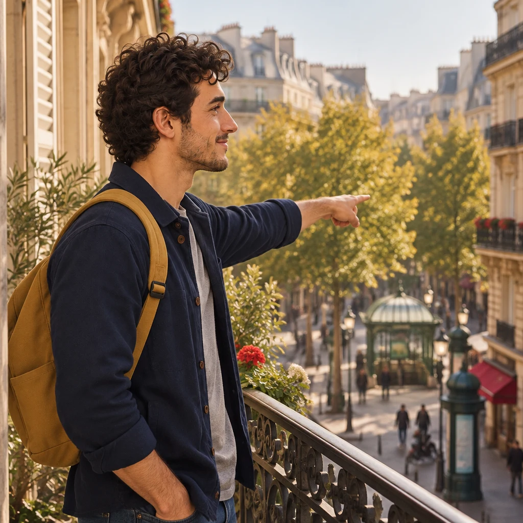 In profile on the narrow balcony, Sam points down the street toward a distant metro entrance.