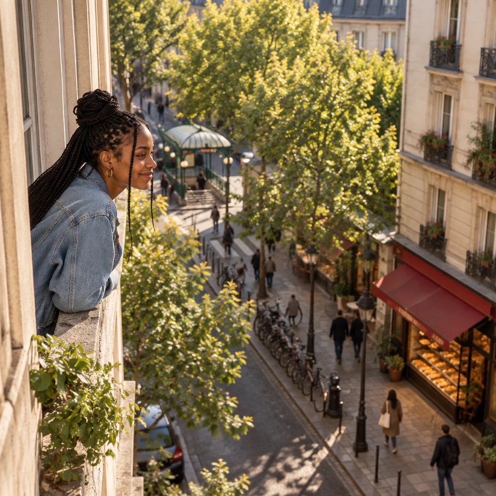 From a high angle, Inès looks out from the window over the bakery, bikes, linden trees, and a metro canopy a short walk away.