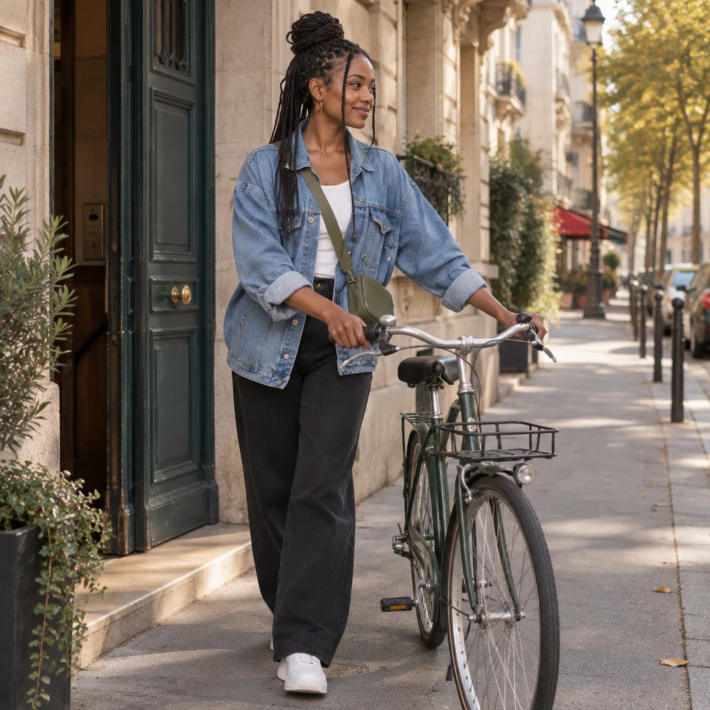 Inès comes out of the building and stands with a bicycle on the sidewalk, ready to ride.
