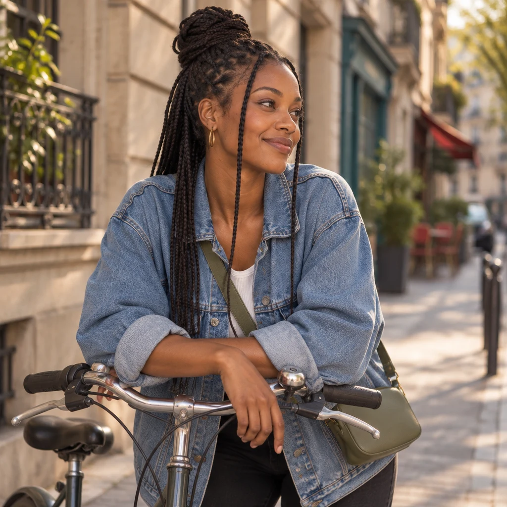 Inès rests against bicycle handlebars in a close view, shoulders dropped in a calm pause.