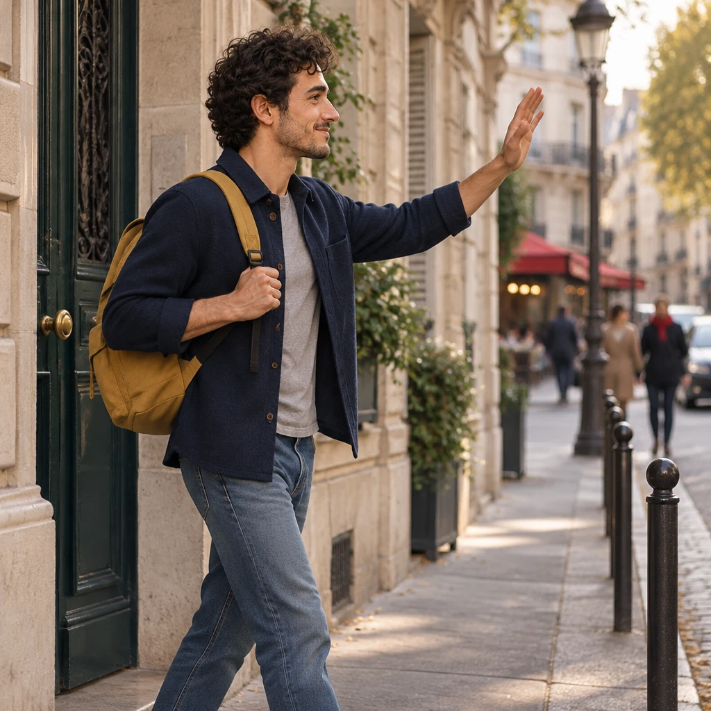 Sam steps onto the sidewalk in profile, one arm raised toward distant figures down the street.
