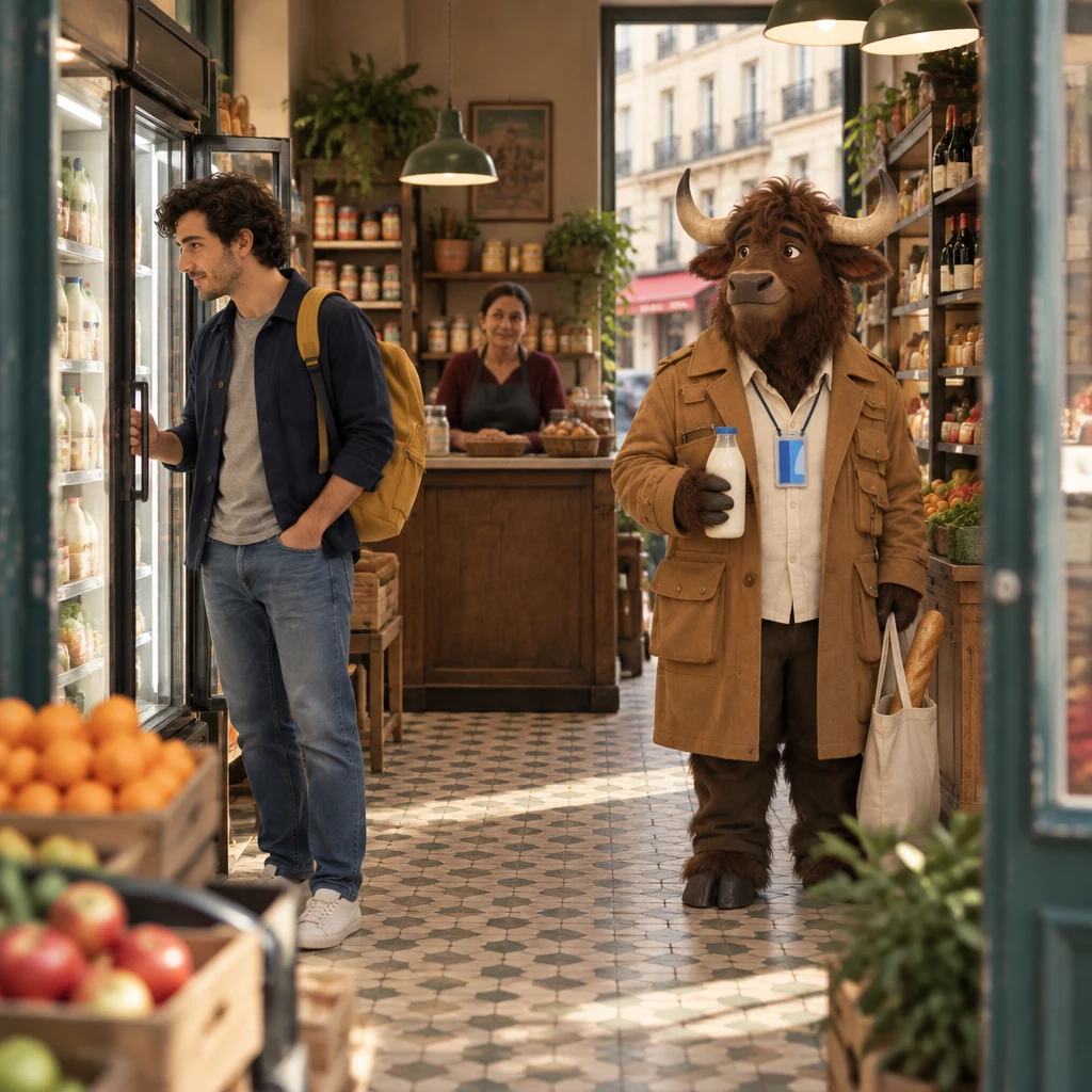 A quiet morning corner grocery with Sam at the open fridge, a clerk waiting at the counter, and Gaspard in the dairy aisle holding unopened milk with a baguette in his tote.