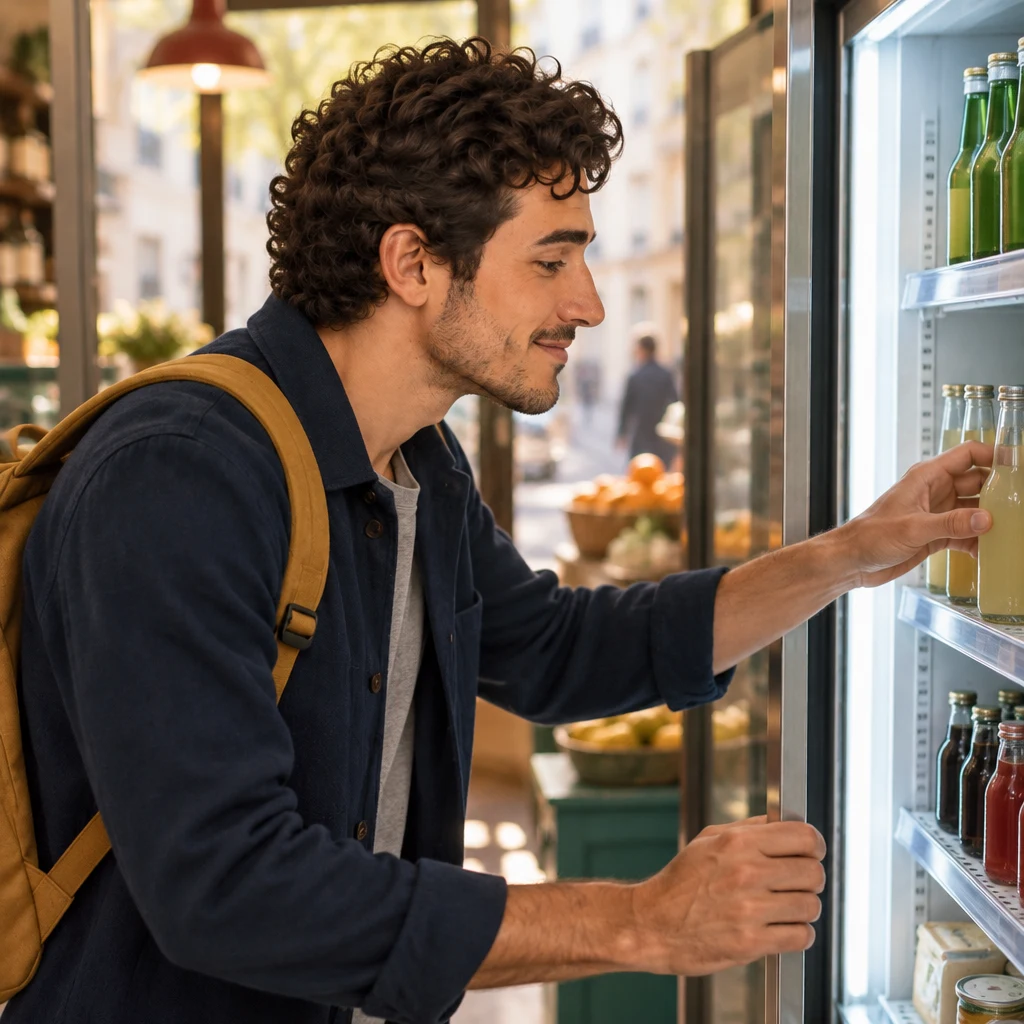 Sam leans into the open fridge in profile, searching among the remaining bottles.
