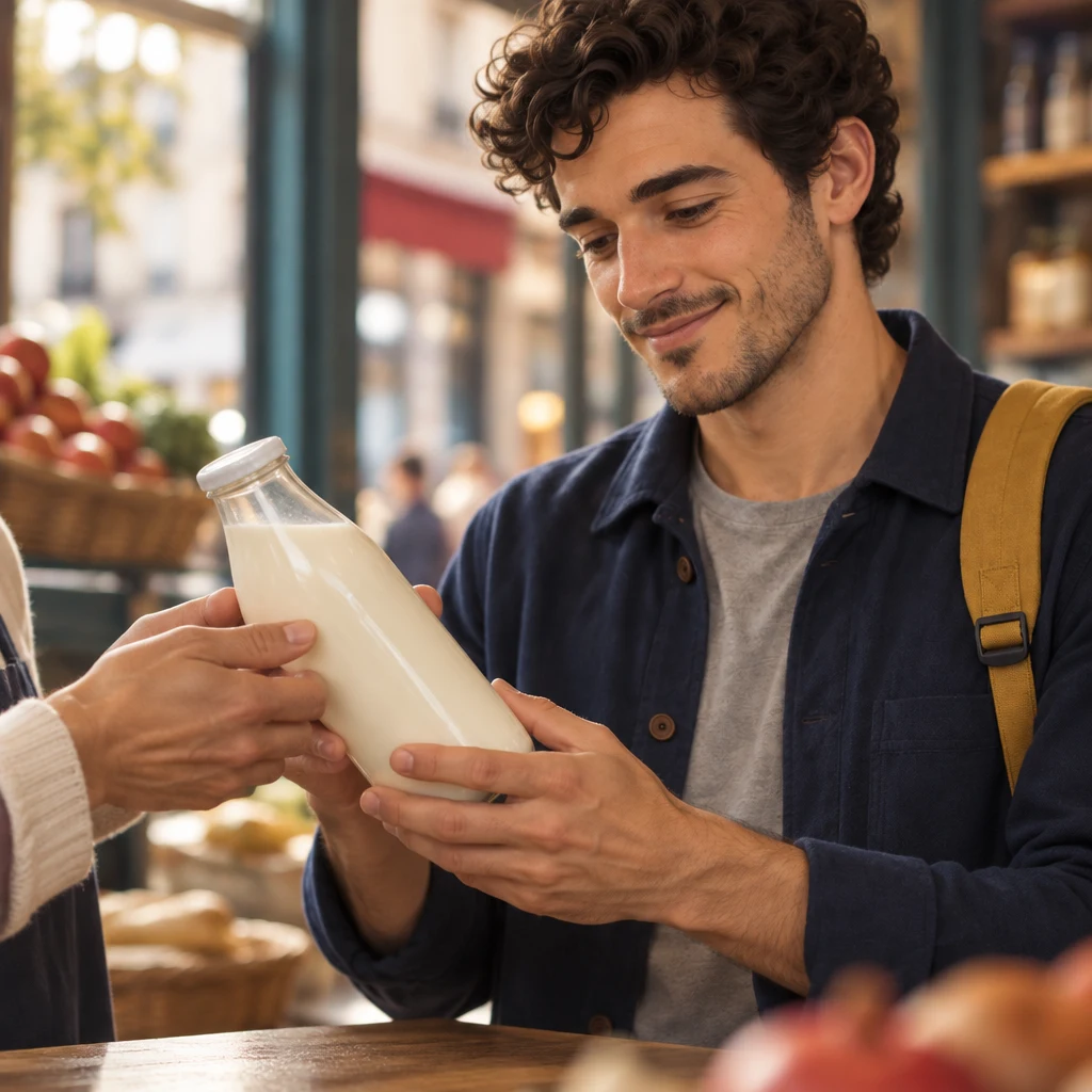 A milk bottle the clerk holds out, with Sam's hands leaning in to look at it.