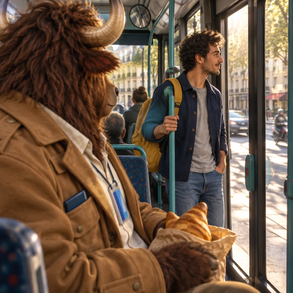 From over Gaspard's shoulder, Sam stands in the aisle holding a pole and looking toward the doors as the next stop comes up.