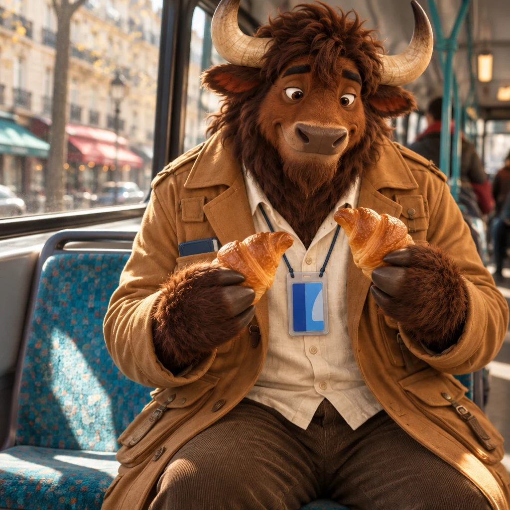 Gaspard's hands hold a croissant each while Gaspard sits across two seats, leaning forward and ignoring the street.