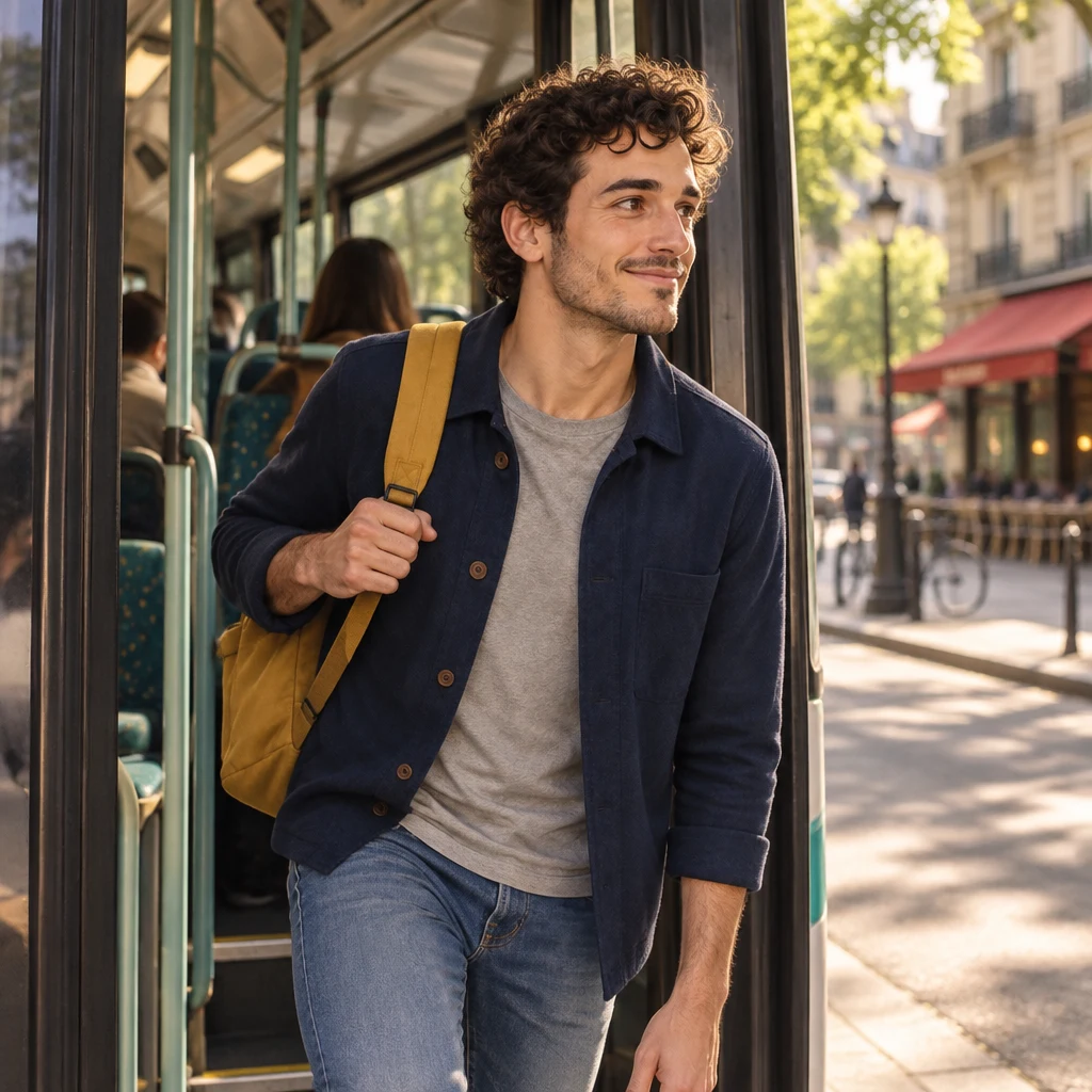 Sam stands in the open bus doorway with one foot on the step, leaving the bus into morning light.