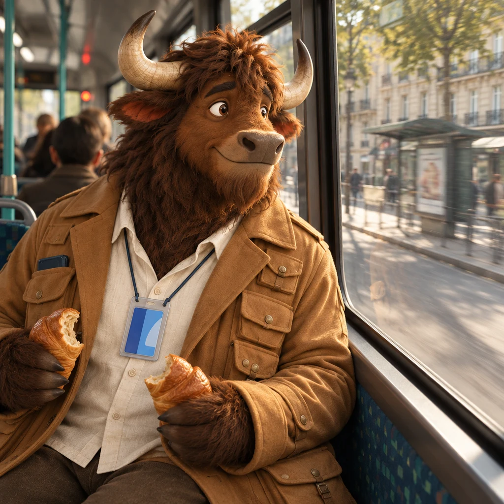 Gaspard twists toward a side window on two seats, watching a stop go by, a croissant still in each hand.