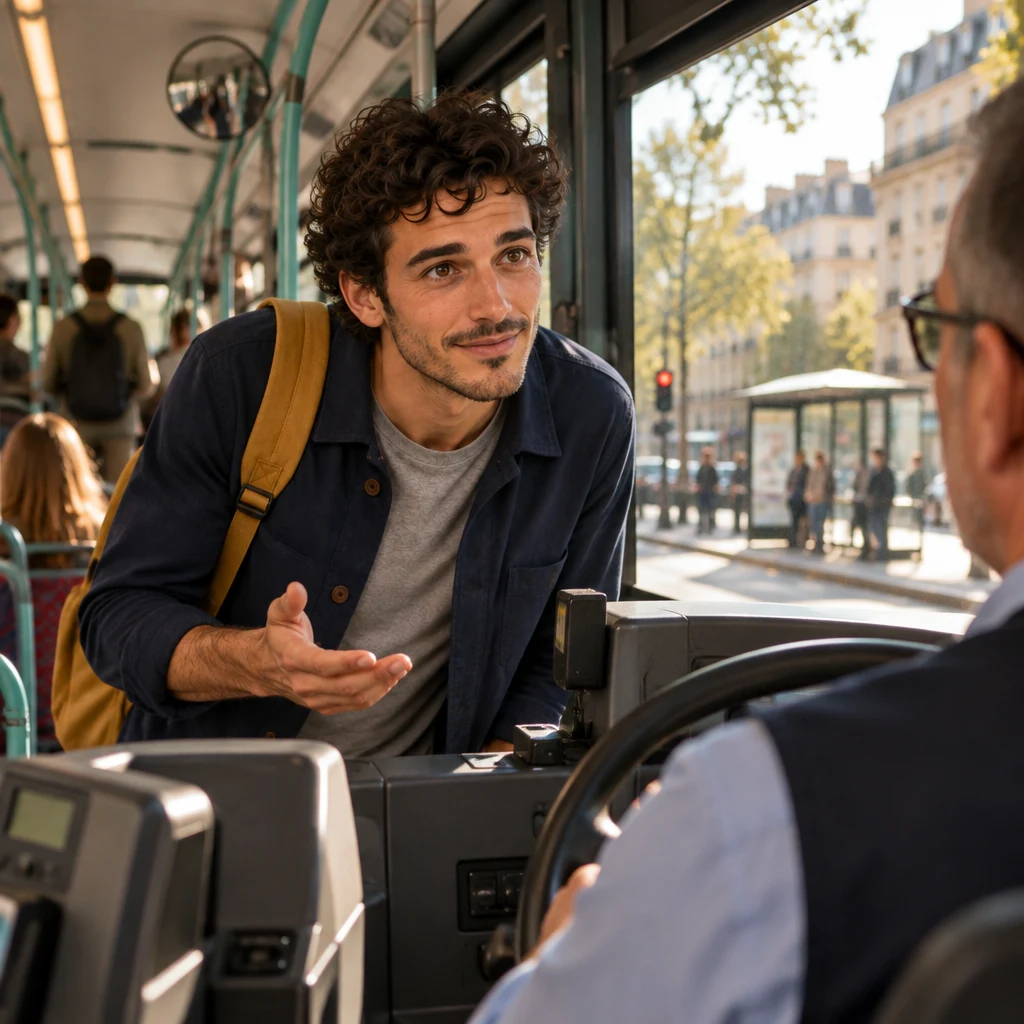 Sam leans toward the driver at the front of the bus, asking about buying a ticket.