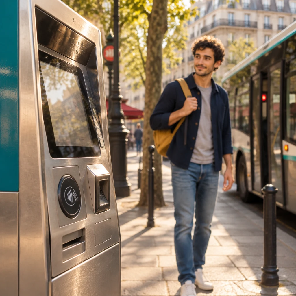 A ticket machine stands on the sunlit boulevard sidewalk, with Sam in the background looking for where to buy a ticket.