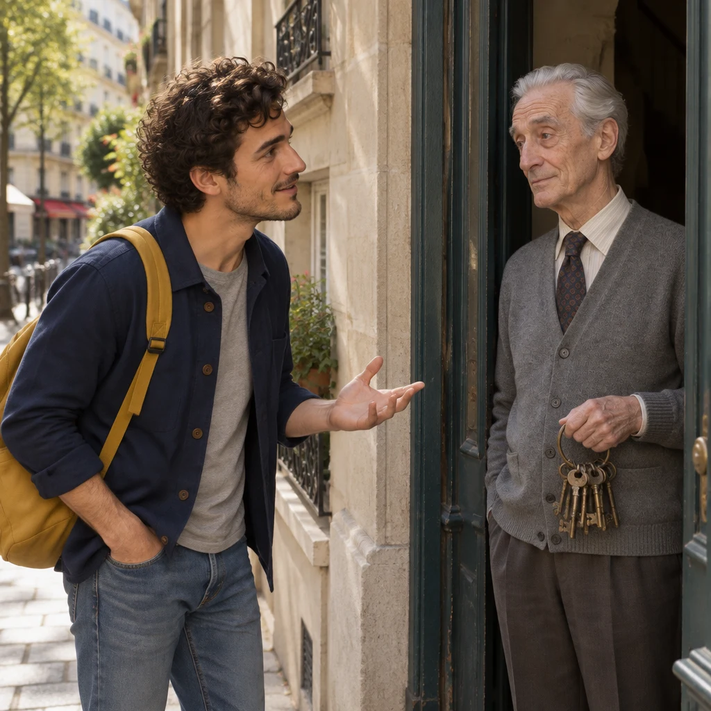 Sam leans toward Monsieur Lefebvre in the doorway and raises an open hand to ask if the studio is still available.