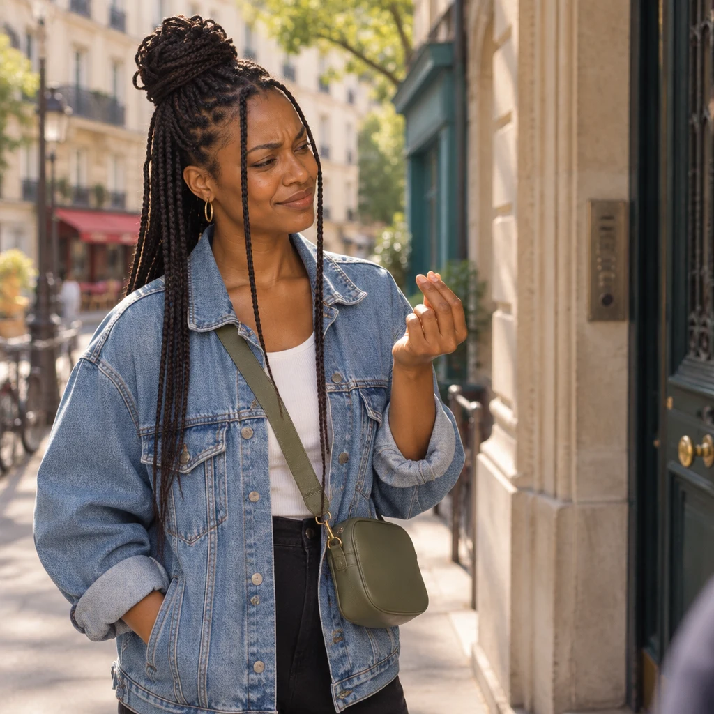 Inès stands on the pavement with fingers pinched as if weighing the monthly rent, looking toward the doorway.